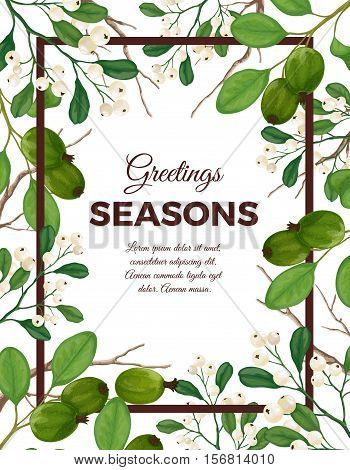 Vector illustration of a poster in a frame of winter berries. White mistletoe and feijoa. Seasonal greetings