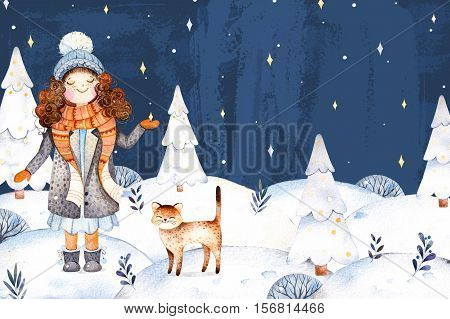 Watercolor handpainted illustration with a cute girl in a wool coat,scarf,hat and her little friend-cute kitten.