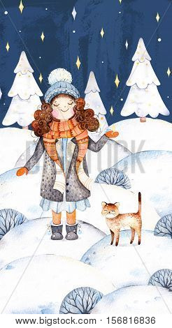 Watercolor handpainted illustration with a cute girl in a wool coat,scarf,hat and her little friend-cute kitten.