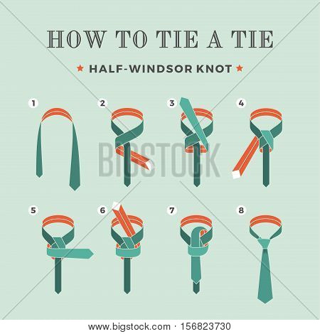 Instructions on how to tie a tie on the turquoise background of the eight steps. Half-Windsor knot . Vector Illustration