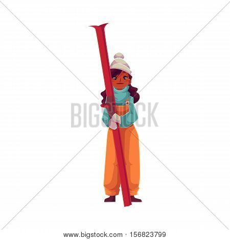 Teen-aged black girl with ski, cartoon vector illustration isolated on white background. Full height portrait of African Amercian teenage girl holding ski, fun winter activity, outdoor leisure time