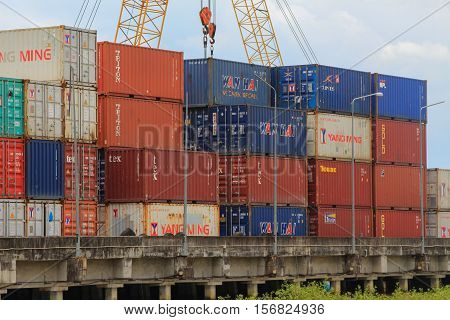 Trang Thailand - November  17 2016: Containers at sea port of Kantang River. marketplace for people to send goods around the world.