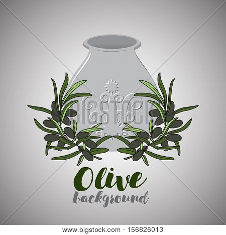 Olive oil in pot and twig of black olive with leaves. retro design of backround for lable or emblem. Italian cooking