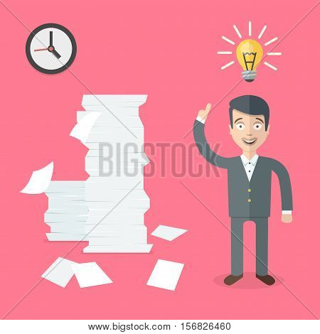 Happy office worker has a good idea how to do a lot of work