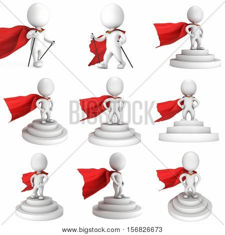 Brave superhero with red cloak stand on round stage podium for award ceremony. 3D render illustration set pedestal isolated on white background.