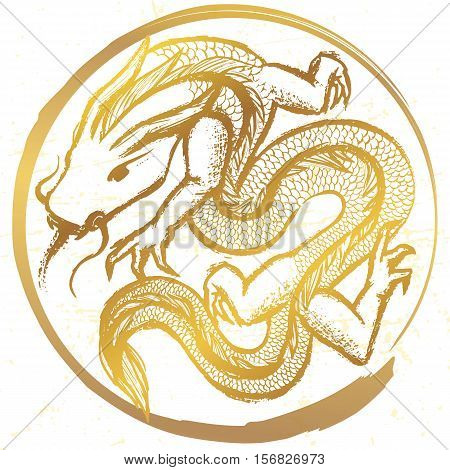 Ink hand drawn stylized chinese dragon round emblem