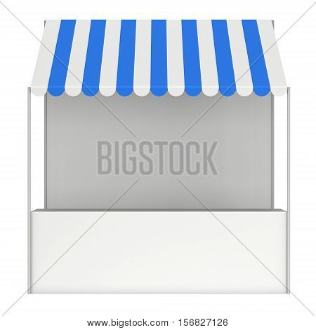 Market stand kiosk stall with striped awning for promotion sale. Shopping cart. Business store showcase and kiosk marketplace mobile. 3D render illustration isolated on white.