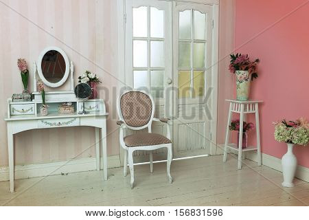cozy stylish vintage corner of the bedroom close up
