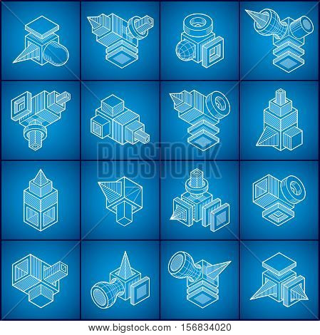 Set of 3D designs abstract vector shapes created using geometric figures and isolated on blue backdrop