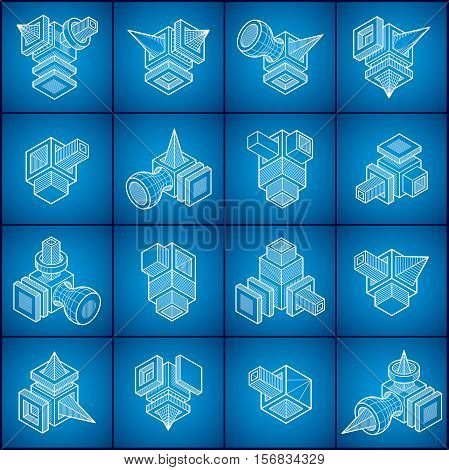 Set of 3D designs abstract vector shapes created using geometric figures and isolated on blue backdrop