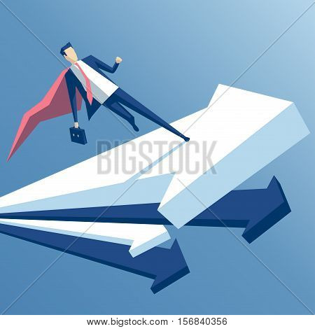 super businessman is running on a rising arrow an employee superhero rises on the arrow business concept growth and skill