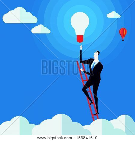 Businessman turn on the lights on a ladder above cloud. Vector Illustration Business concept a ladder Corporate of success.