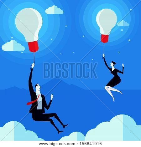 Businessman flying in air balloon with light bulb. Vector Illustration Business concept a ladder Corporate of success.