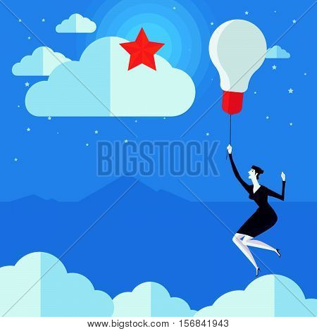 Young woman flying in air balloon with light bulb see the stars. Vector Illustration Business concept a ladder Corporate of success.