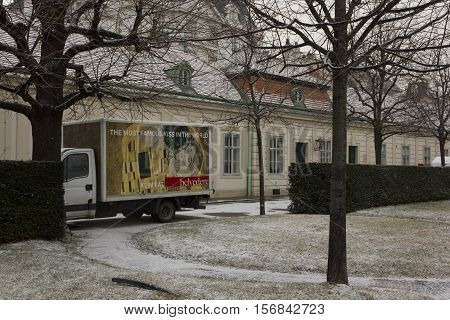 VIENNA, AUSTRIA - JANUARY 1 2016: Van inside the belvedere garden in Vienna with the promotion of Klimt exhibition inside the building