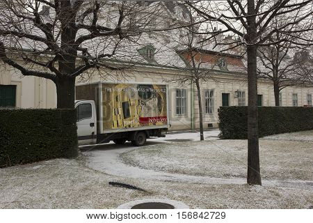 VIENNA, AUSTRIA - JANUARY 1 2016: Van inside the belvedere garden in Vienna with the promotion of Klimt exhibition inside the building