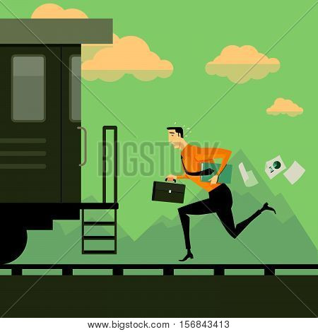 Man running after the train. Business success concept conquering adversity overcoming leadership challenge aspiration ambition motivation hurry up, vector illustration.