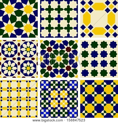 Set of nine oriental islamic Mauritanian seamless patterns.
