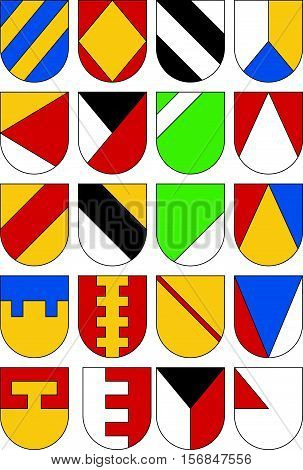 Set of colorful templates for coats of arms. Collection of twenty shields.