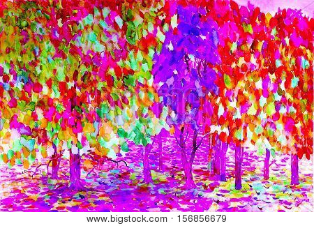 Abstract illustration watercolor painting landscape colors of nature and emotion in colorful background.