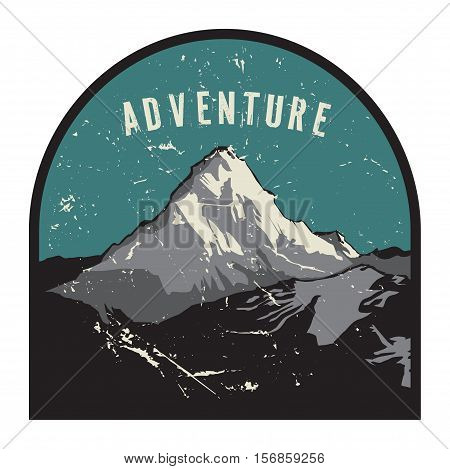 Mountains badge or emblem. Adventure outdoor expedition mountain badge climbing mountain snowy peak mountain label with text Adventure vector illustration