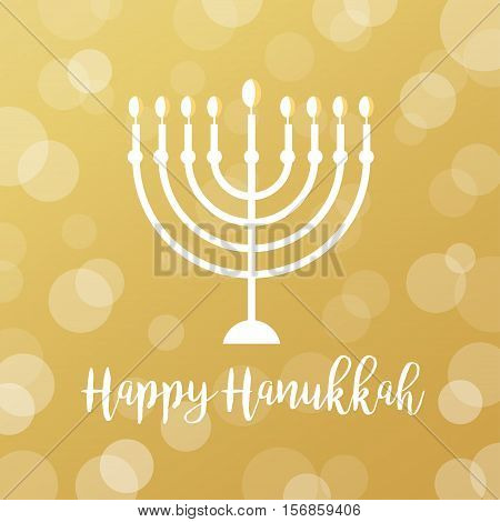 Menorah Candles on Golden Bokeh Background. Happy Hanukkah Vector Sign