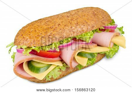 Footlong ham & swiss submarine sandwich isolated on white