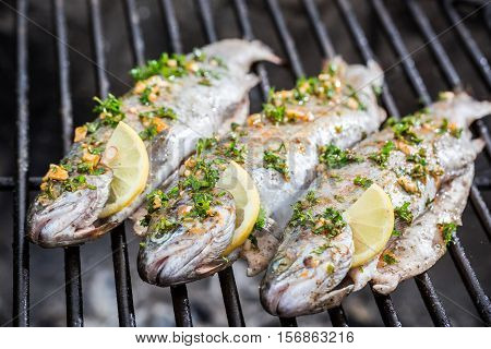 Grilled Fish With Lemon And Spices On Grill