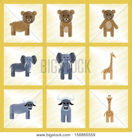 assembly flat shading style icons of giraffe bull bear elephant