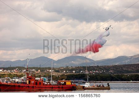Amphibious  Aircraft Be-200 Performs A Demonstration Water Discharge