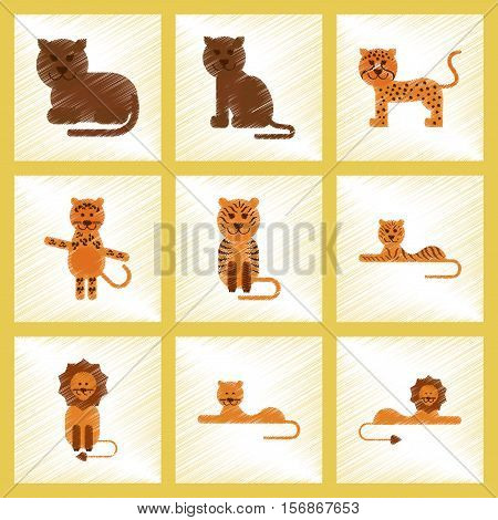 assembly flat shading style icons of cartoon tiger lion panther leopard