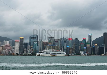 Hong Kong - October 17, 2016: Hong Kong skyline in the rainy season with smog cloud