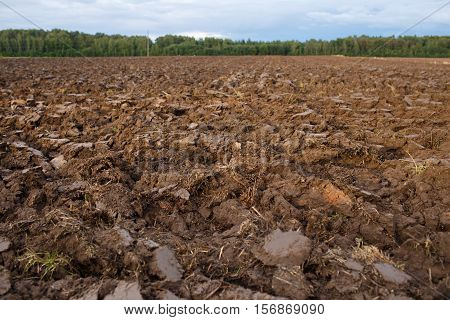 plowed field with tractor traces in spring time, farm soil background.