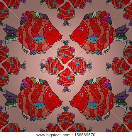 Red Fish Patternvector Seamless Background With Painted Doodles Fish Rooster Graphic Hand Draw Patte