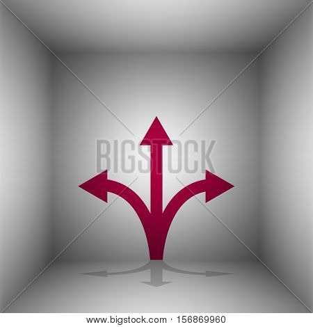 Three-way Direction Arrow Sign. Bordo Icon With Shadow In The Room.