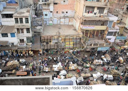 NEW DELHI, INDIA, FEBRUARY 02, 2016 - Top view of the busy area of Chandni Chowk, the old part of the city