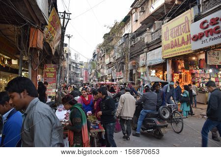 NEW DELHI, INDIA, FEBRUARY 02, 2016 - Unidentified crowd of indian people in the busy area of Chandni Chowk, the old part of the city