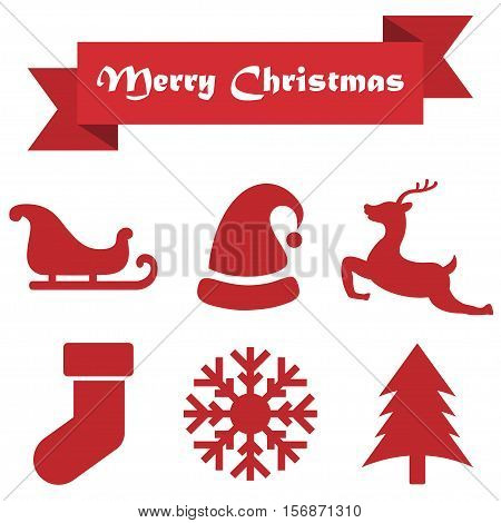 Set of Christmas icons on a white background with ribbon