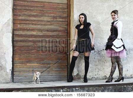moda punk moderna, retrato de duas modelos posando vestida com roupas vintage