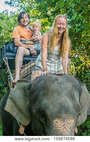 Happy Family Riding On An Elephant, Woman Sitting On The Elephant's Neck