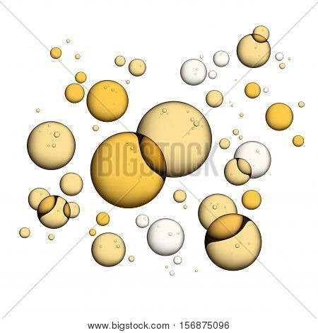Oil Bubbles Isolated on White Background Closeup Collagen Emulsion in Water. Vector Illustration. Gold Serum Droplets.