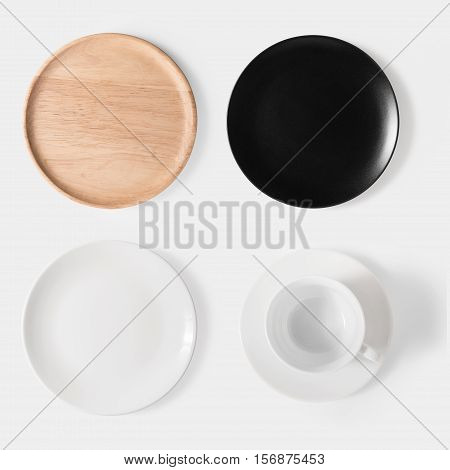 Mockup Black Dish, White Dish, Wooden Plate And Cup Of Coffee Set Isolated On White Background. Copy