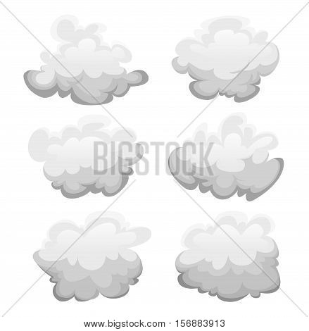 Illustration of a cartoon set of grey clouds and smoke shapes