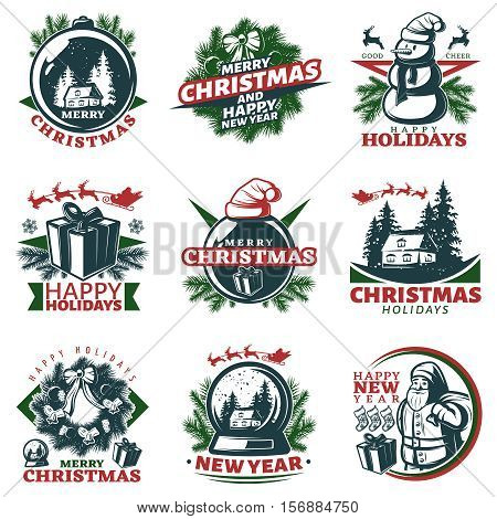 Nine isolated vintage christmas labels in color with various new year decorative symbols needles presents superscriptions vector illustration