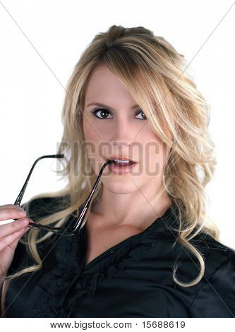 Portrait of a beautiful blond model with eyeglasses