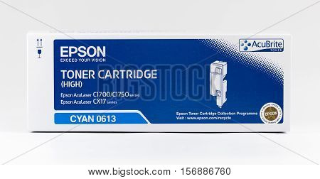 WREXHAM UK - OCTOBER 27 2016: Close up of a Cyan high capacity Epson Acubrite toner cartridge for the AcuLaser C1700/1750 series and CX17 series printers on a white background.