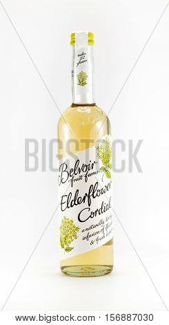 WREXHAM UK - OCTOBER 27 2016: Bottle of Belvoir Elderflower cordial on a white background.