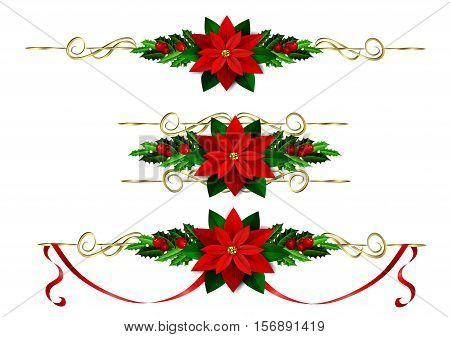 Christmas decoration set with evergreen treess holly and poinsettia isolated