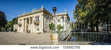 WARSAW POLAND - SEPTEMBER 27: Southern facade of the Lazienki Palace the Palace on the Water or the Palace on the Isle in Royal Baths Park Lazienki Park in Warsaw Poland on September 27 2016
