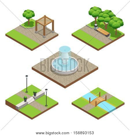 Isometric landscaping composition set with plants and wood and stone decoration elements for park or garden in summer isolated on white background vector illustration